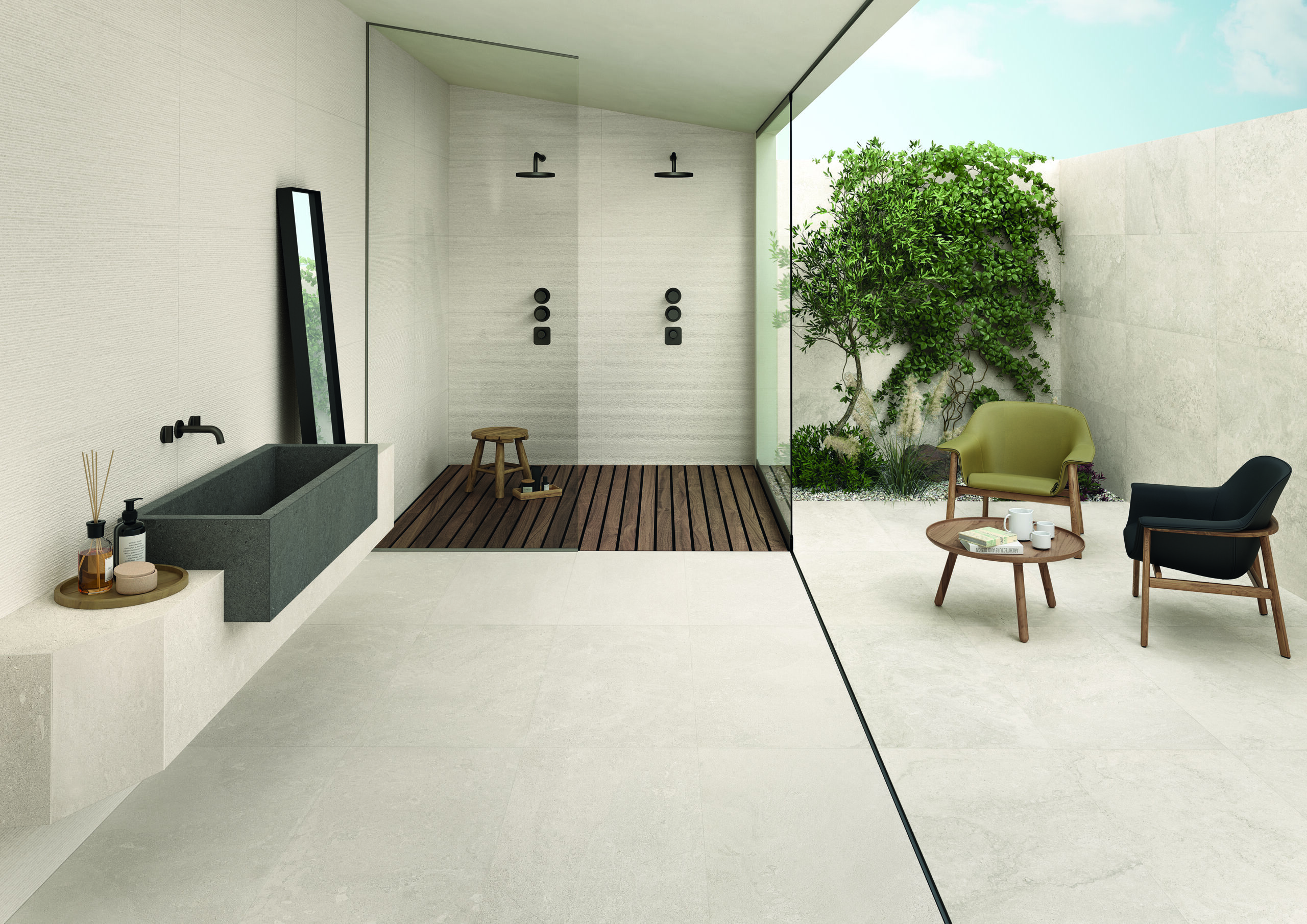 Een 80x80cm tegel zorgt voor een ruimtelijk effect